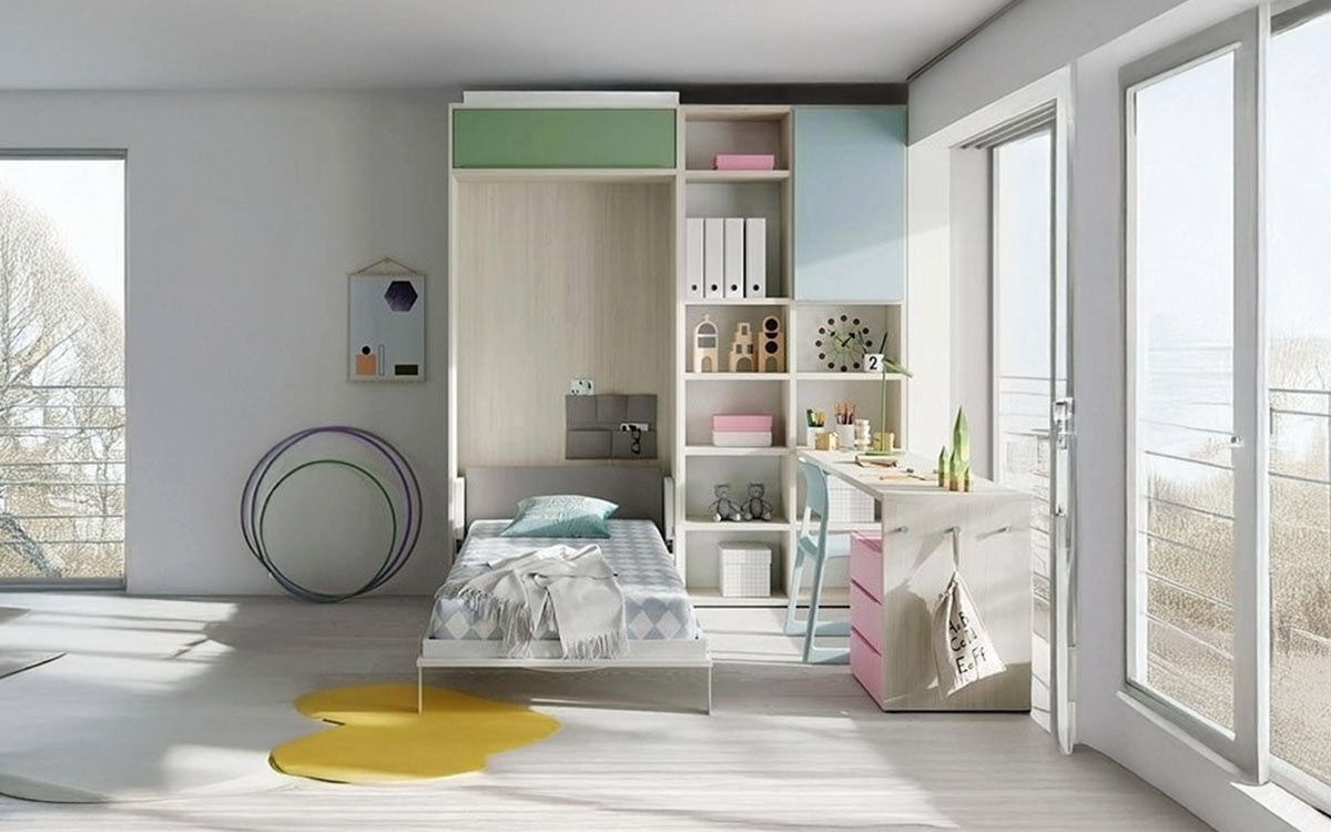 Cama individual abatible para habitaciones juveniles, con somier de madera y diseño funcional que optimiza el espacio