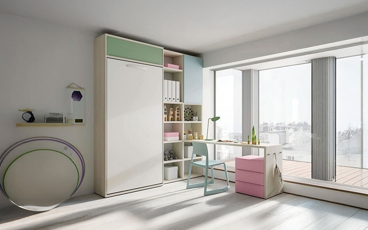 Cama individual abatible para habitaciones juveniles, con somier de madera y diseño funcional que optimiza el espacio