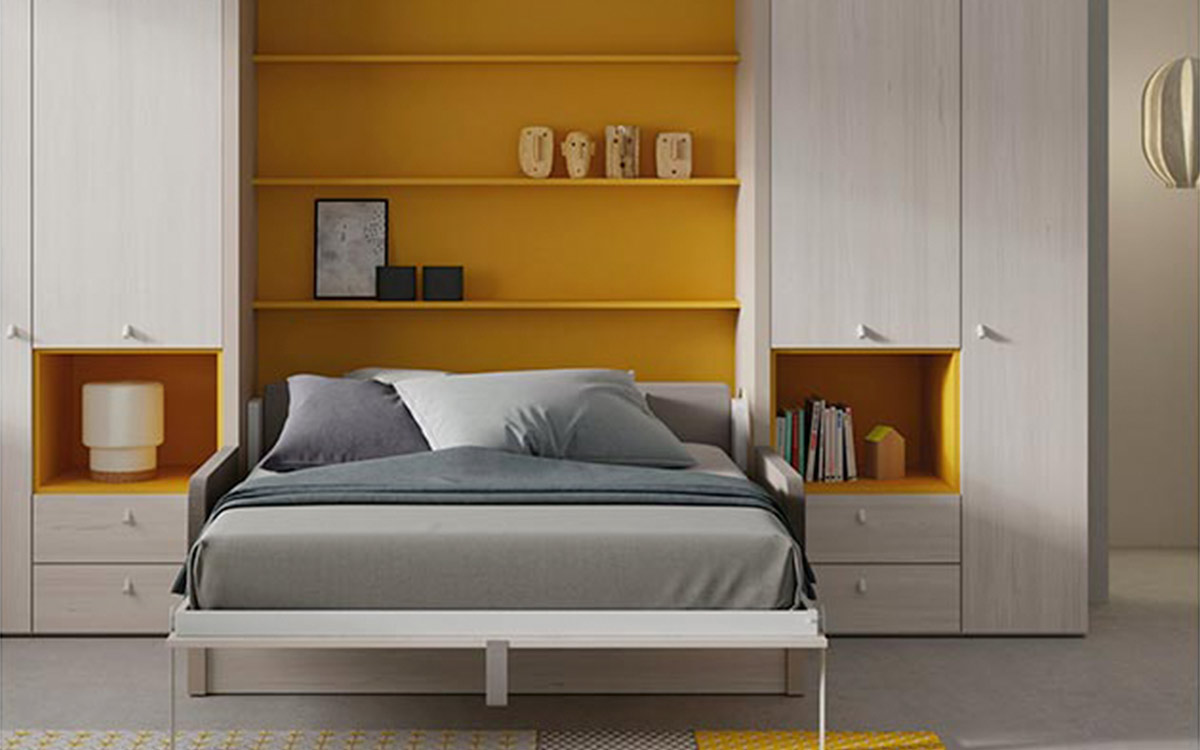 Sofá que se desliza bajo la cama abatible dejando el espacio listo para dormir