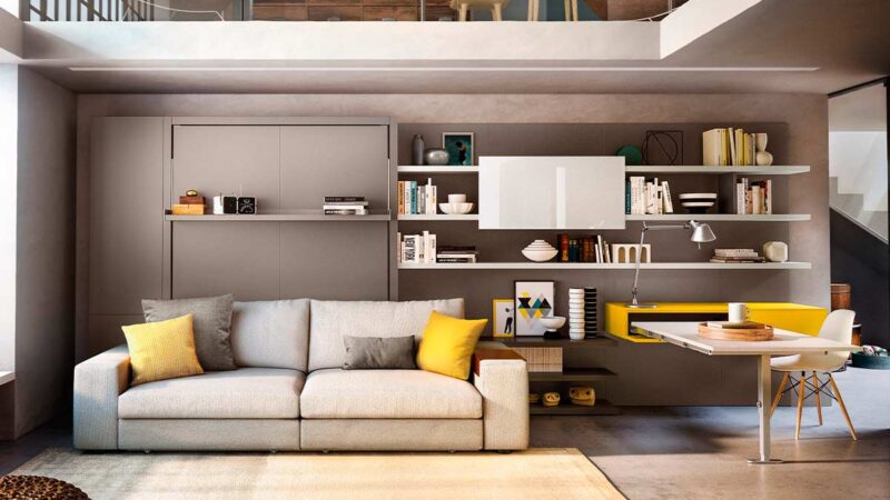 Cama abatible autoportante con sofá moderno y estructura resistente de aluminio.