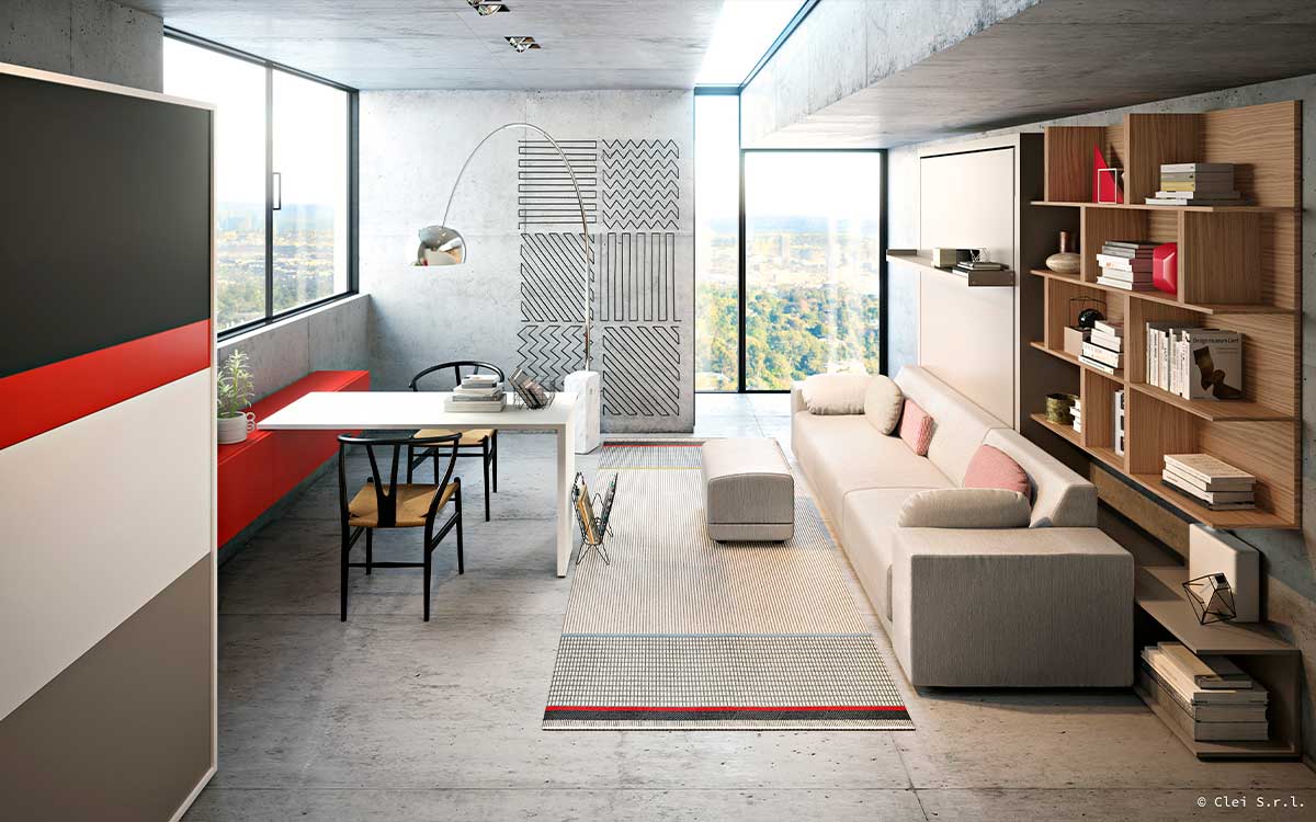 Cama abatible de matrimonio con gran sofá de estilo nórdico desenfundable.