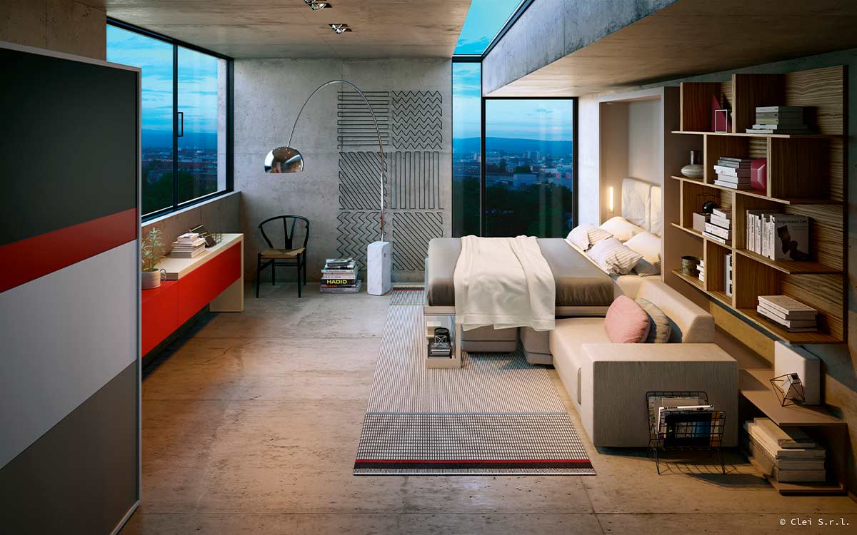 Cama abatible de matrimonio con gran sofá de estilo nórdico desenfundable.