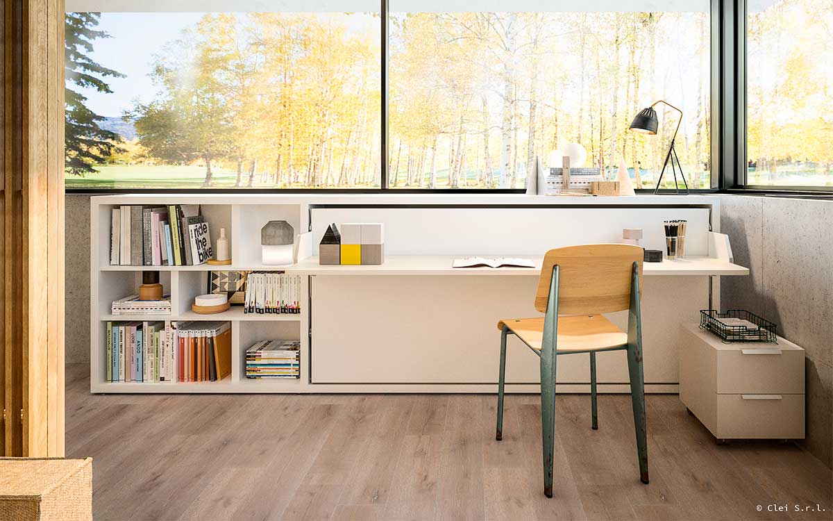 Cama abatible horizontal individual con mesa basculante y sistema de apertura segura patentada.