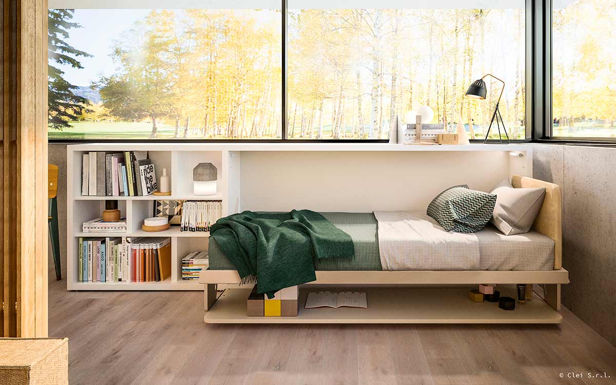 Cama abatible horizontal individual con mesa basculante y sistema de apertura segura patentada.