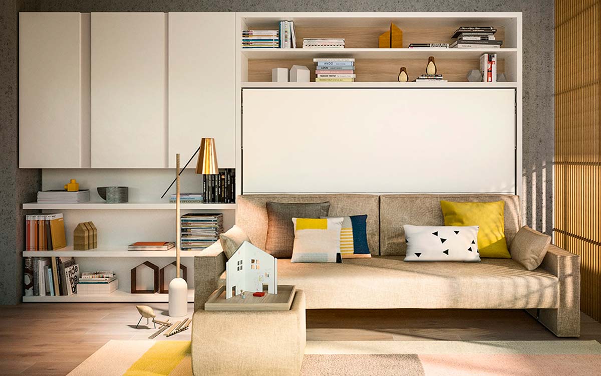 Cama de matrimonio basculante en horizontal con sofá integrado y sistema patentado.