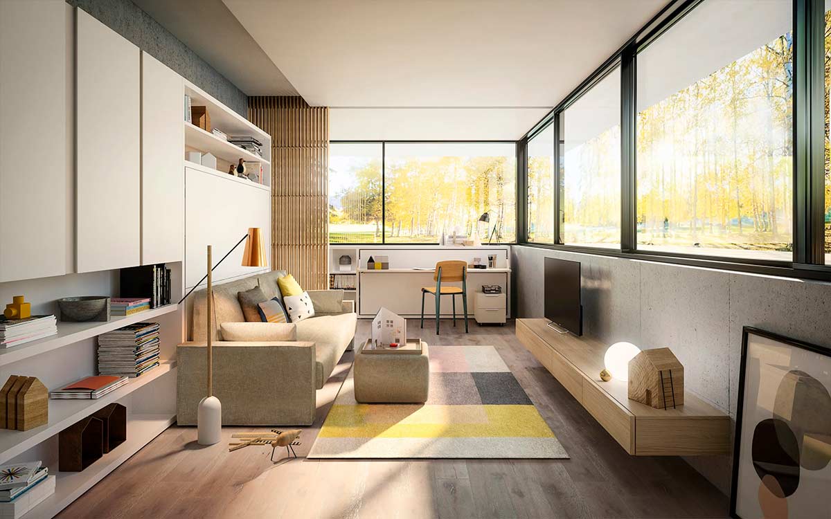 Cama de matrimonio basculante en horizontal con sofá integrado y sistema patentado.