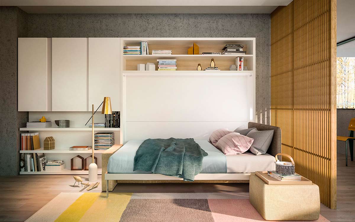 Cama de matrimonio basculante en horizontal con sofá integrado y sistema patentado.