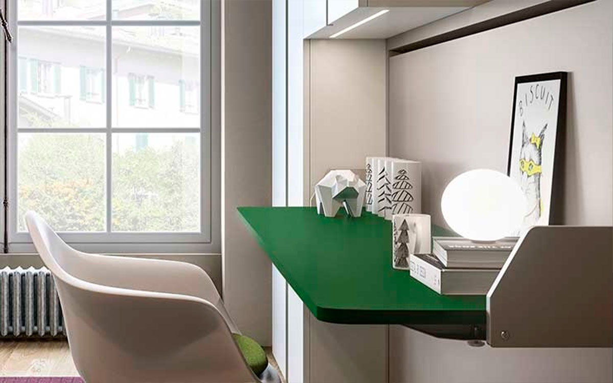 Mueble escritorio convertible en cama abatible individual compacta.