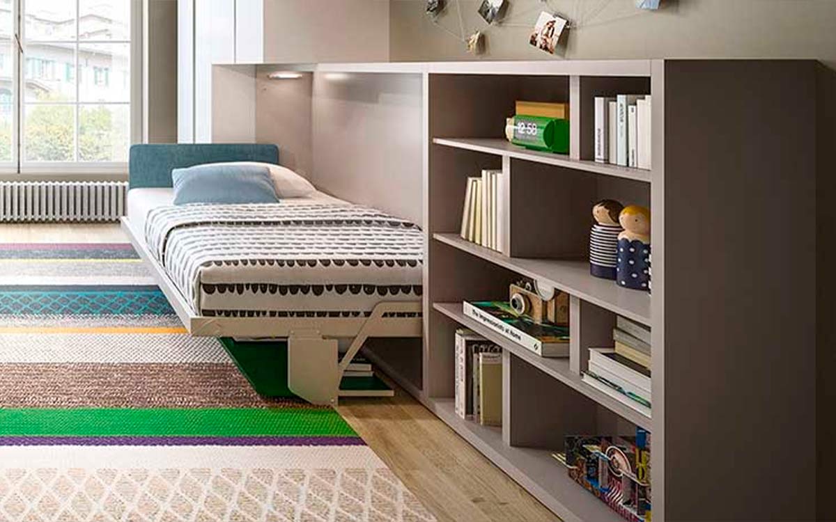 Mueble escritorio convertible en cama abatible individual compacta.
