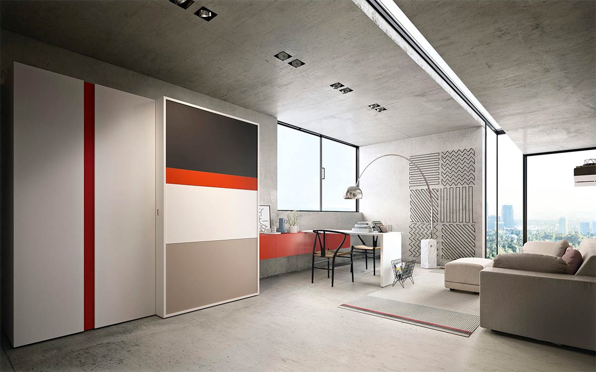 Módulo de cocina y comedor escamoteable con mesa y electrodomésticos integrados.