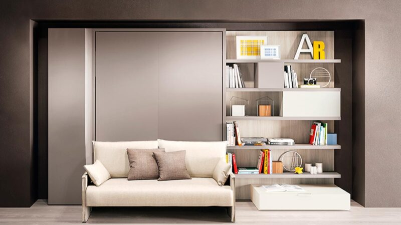 Mueble cama abatible autoportante con sofá frontal y comoda apertura vertical patentada.