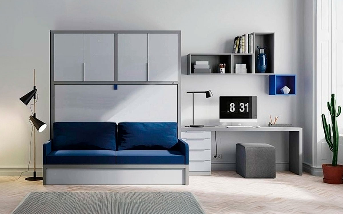 Cama doble abatible horizontal con sofá integrado, ideal para aprovechar espacios reducidos.