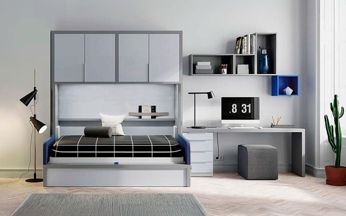 Cama doble abatible horizontal con sofá integrado, ideal para aprovechar espacios reducidos.