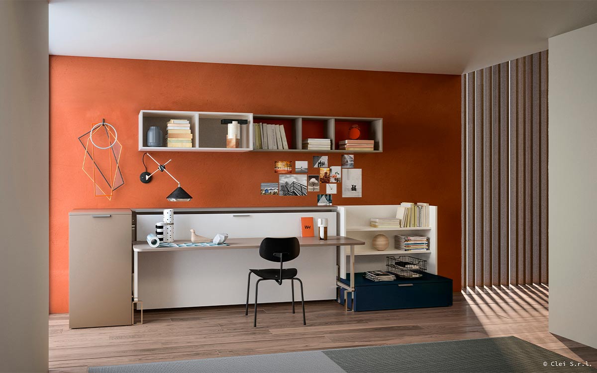 Cama abatible horizontal con mesa pivotante integrada, versátil y práctica.