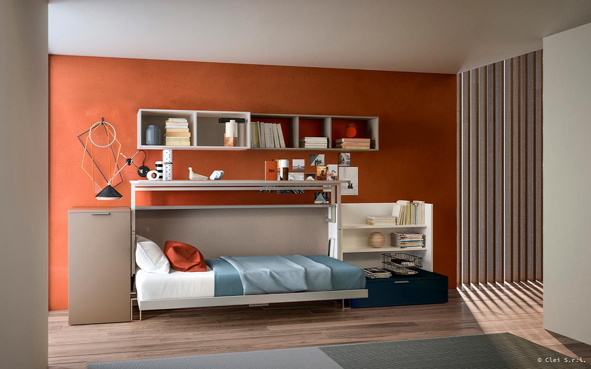 Cama abatible horizontal con mesa pivotante integrada, versátil y práctica.