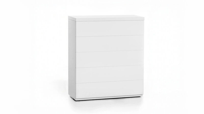 Mueble lacado móvil tipo cómoda con cama plegable integrada.