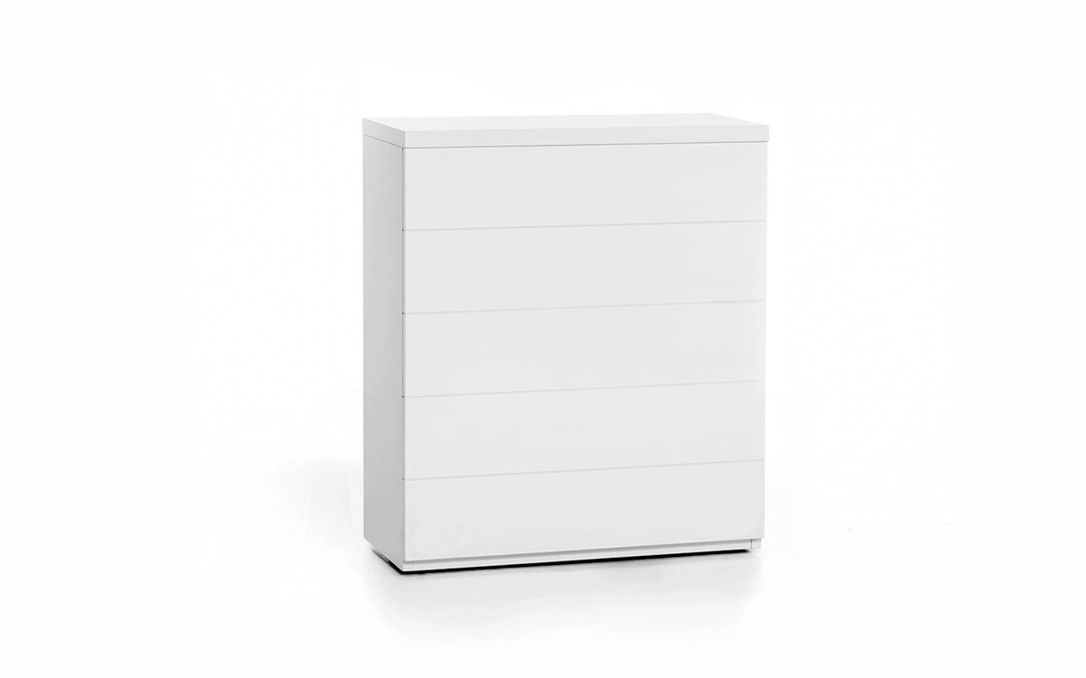 Mueble lacado móvil tipo cómoda con cama plegable integrada.