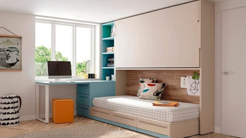 Sofá cama con litera abatible y cómodos cajones inferiores para almacenamiento.