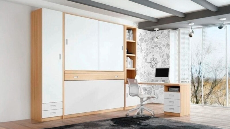 Cama abatible horizontal individual con práctico armario superior.