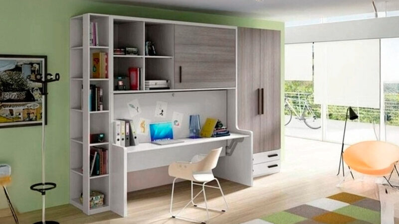 Cama abatible individual con mesa incorporada funcional.