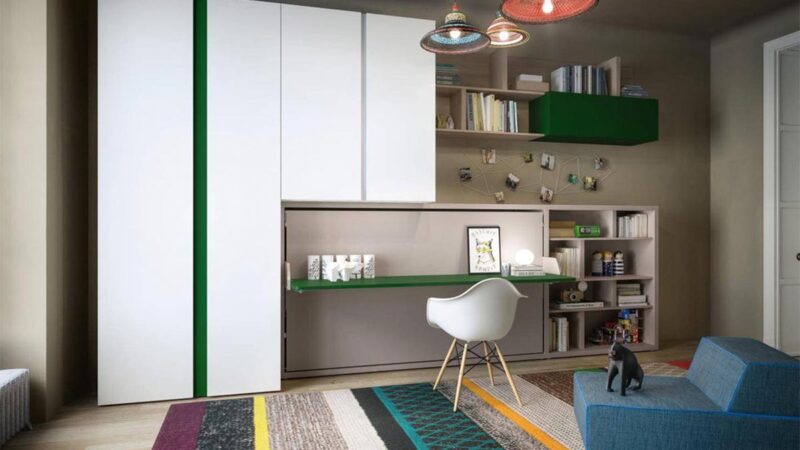 Mueble escritorio convertible en cama abatible individual compacta.