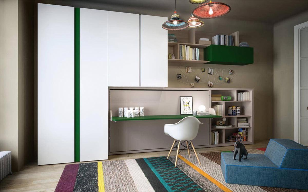 Mueble escritorio convertible en cama abatible individual compacta.