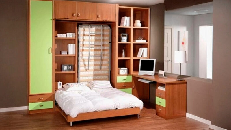 Litera abatible vertical con cama de matrimonio e individual.