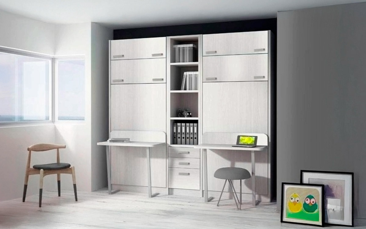 Litera vertical con doble mesa frontal incorporada para habitación juvenil.
