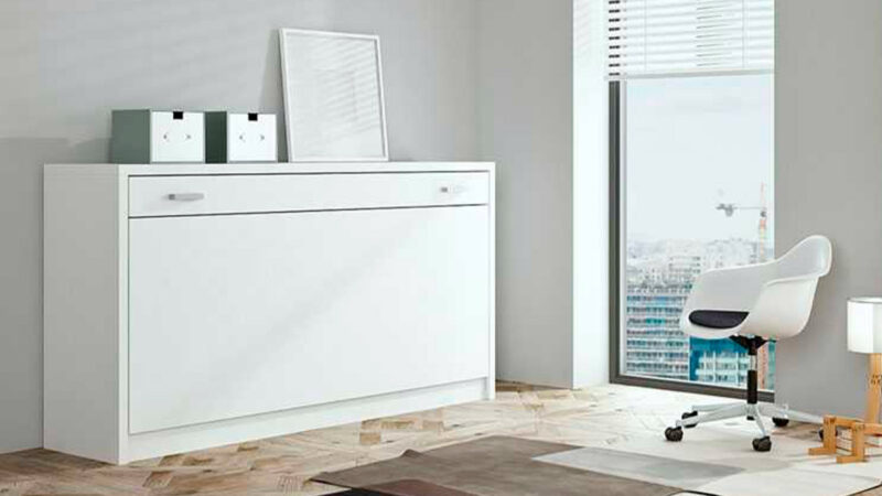 Mueble cama abatible con somier de lamas y diseño compacto.