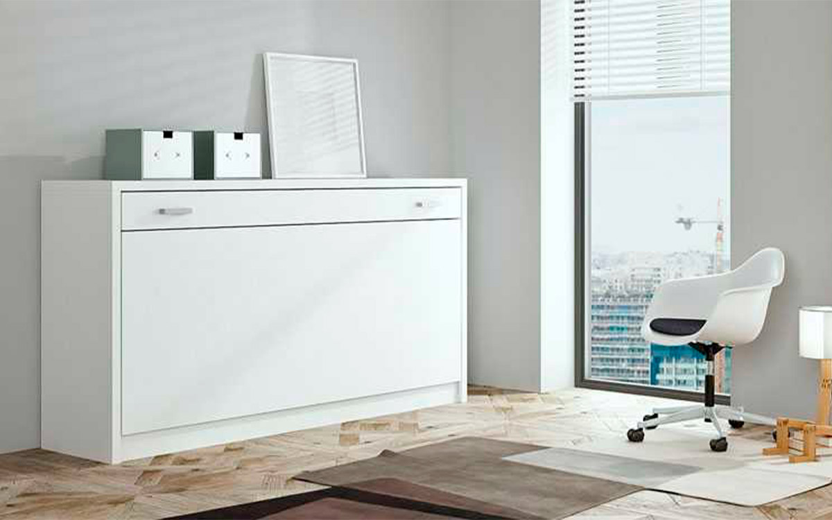 Mueble cama abatible con somier de lamas y diseño compacto.