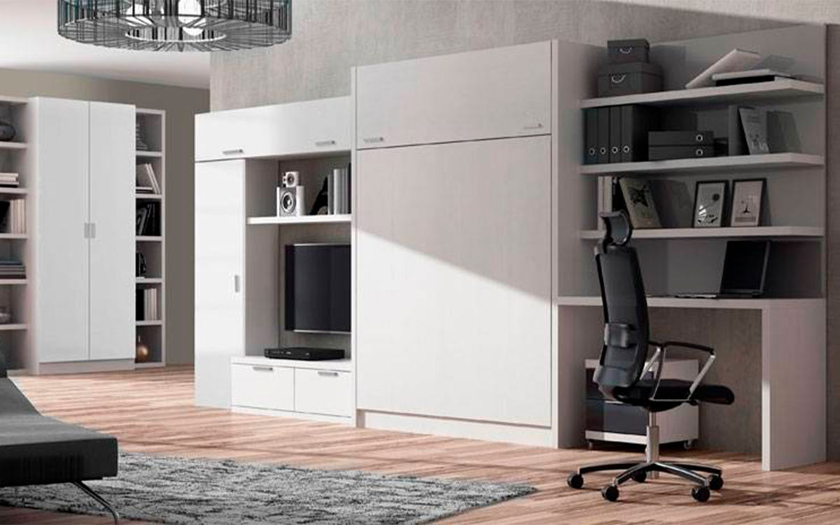 Mueble cama abatible de matrimonio ideal para salones modernos.