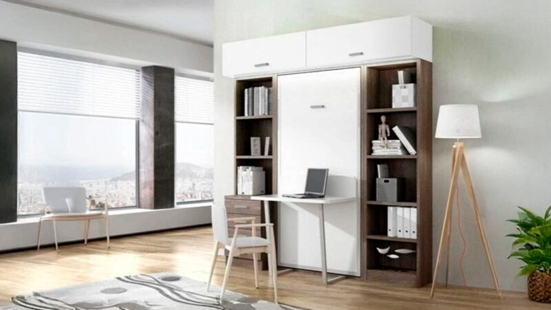 Cama abatible individual con mesa incorporada y apertura automática.