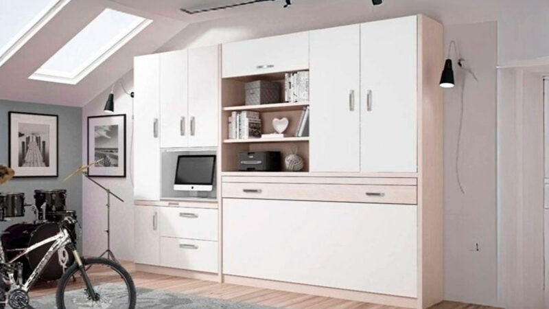 Mueble cama individual con estantes, armario superior y escritorio extraíble.