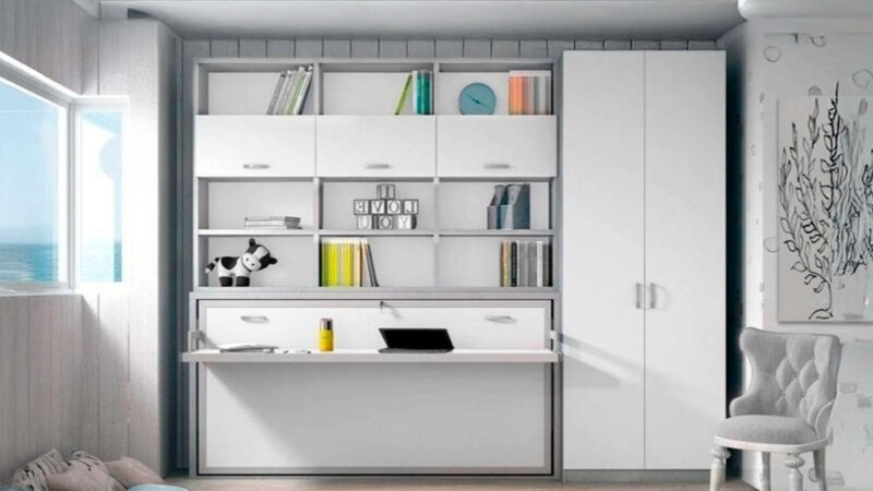 Mueble cama abatible individual con librería superior y diseño configurable.