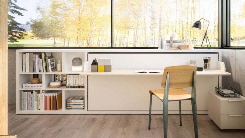 Mueble cama individual abatible con mesa frontal oscilante.