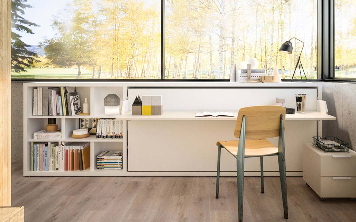 Mueble cama individual abatible con mesa frontal oscilante.