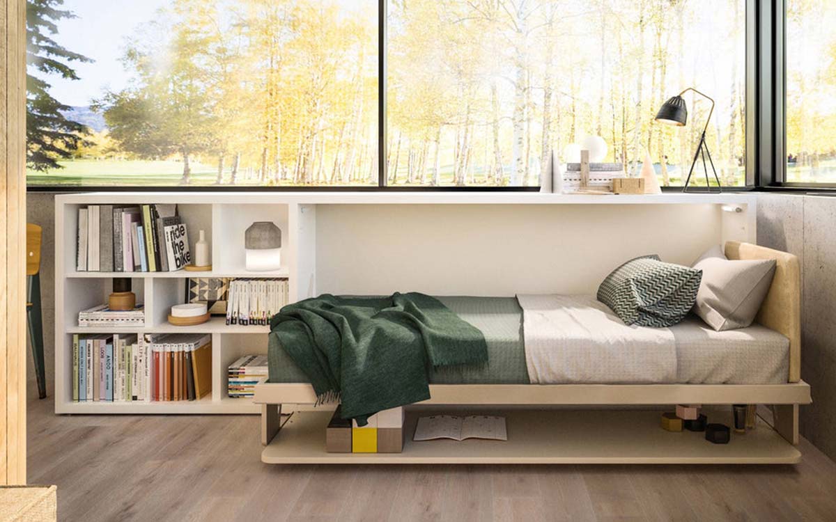 Mueble cama individual abatible con mesa frontal oscilante.