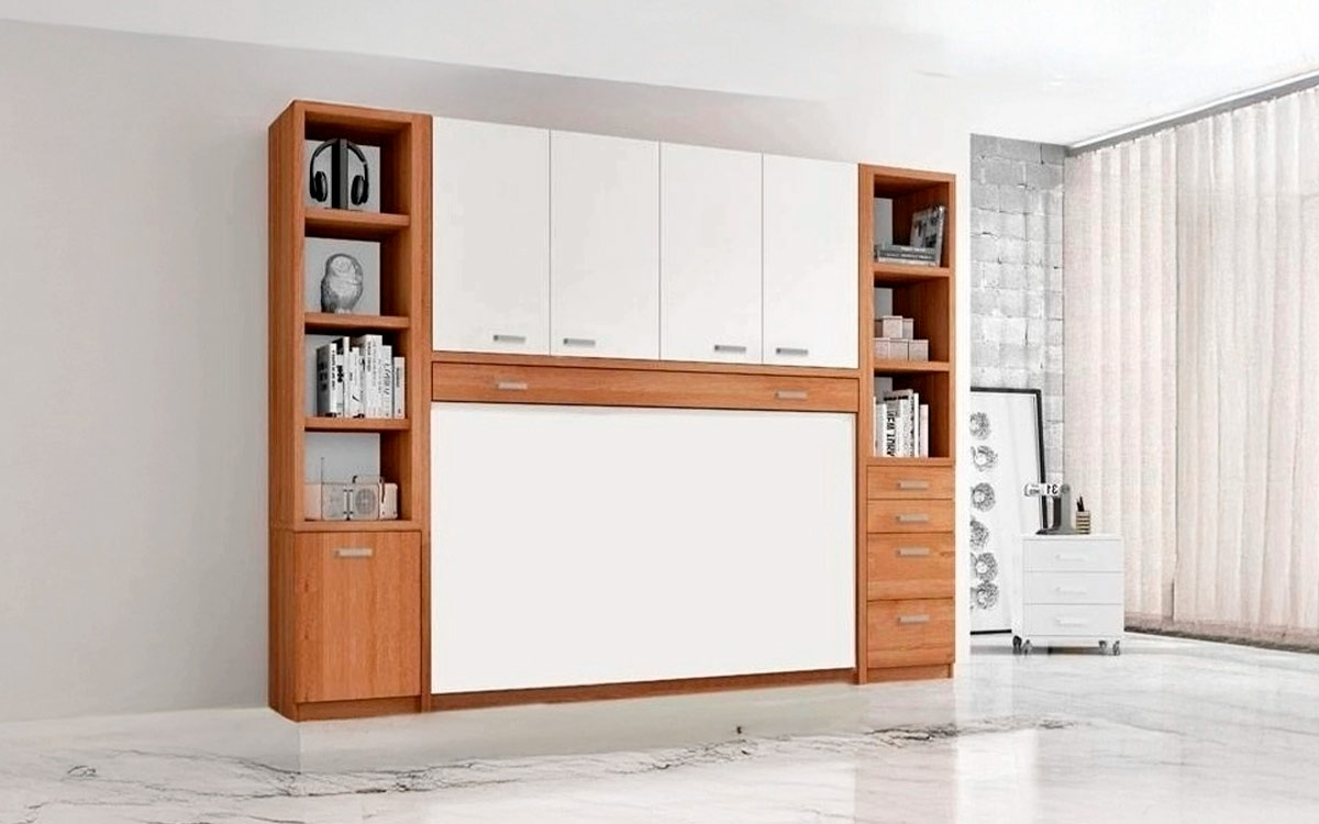 Mueble cama de matrimonio con armario superior y mesa abatible.