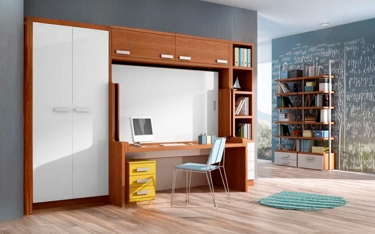 Cama abatible de matrimonio con mesa incorporada compacto.