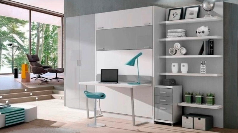 Mueble cama abatible de matrimonio con mesa incorporada personalizable.